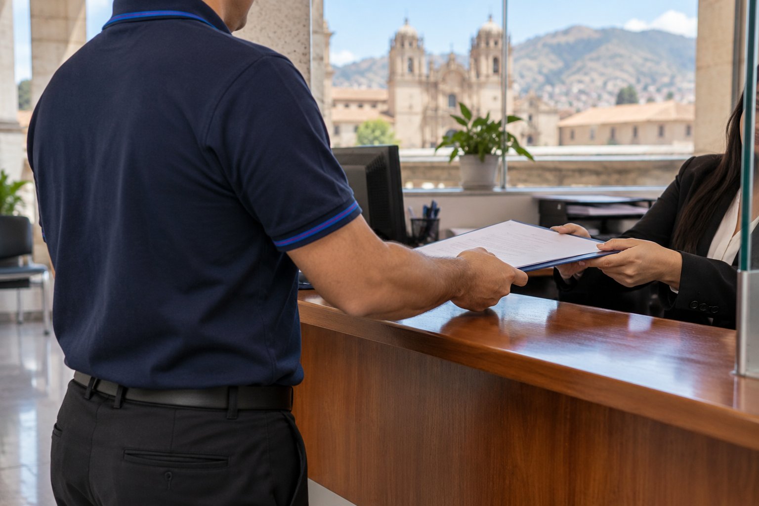 Representante de GEZAVA entregando una carpeta en una ventanilla administrativa
